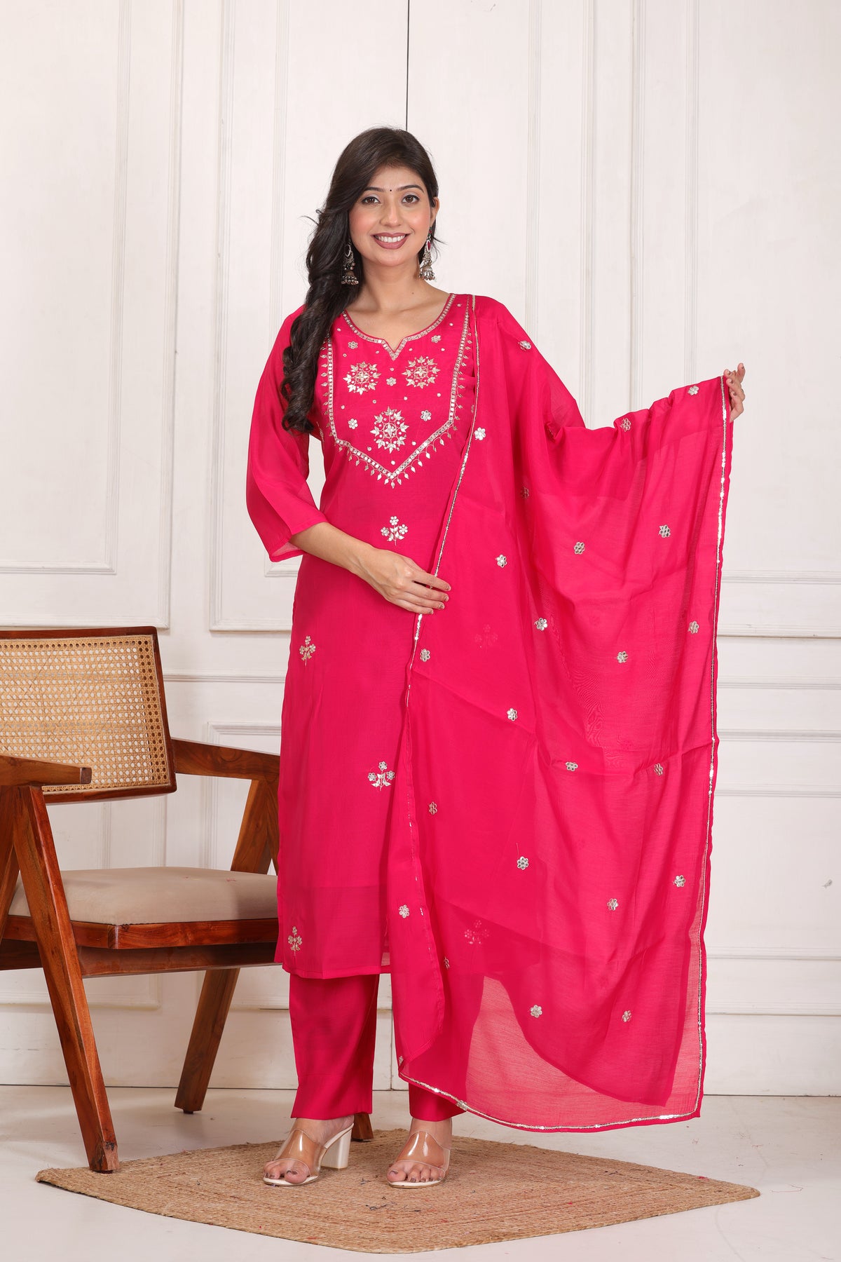 Women’s Embroidered Mul Chanderi Kurta Pant Dupatta Set