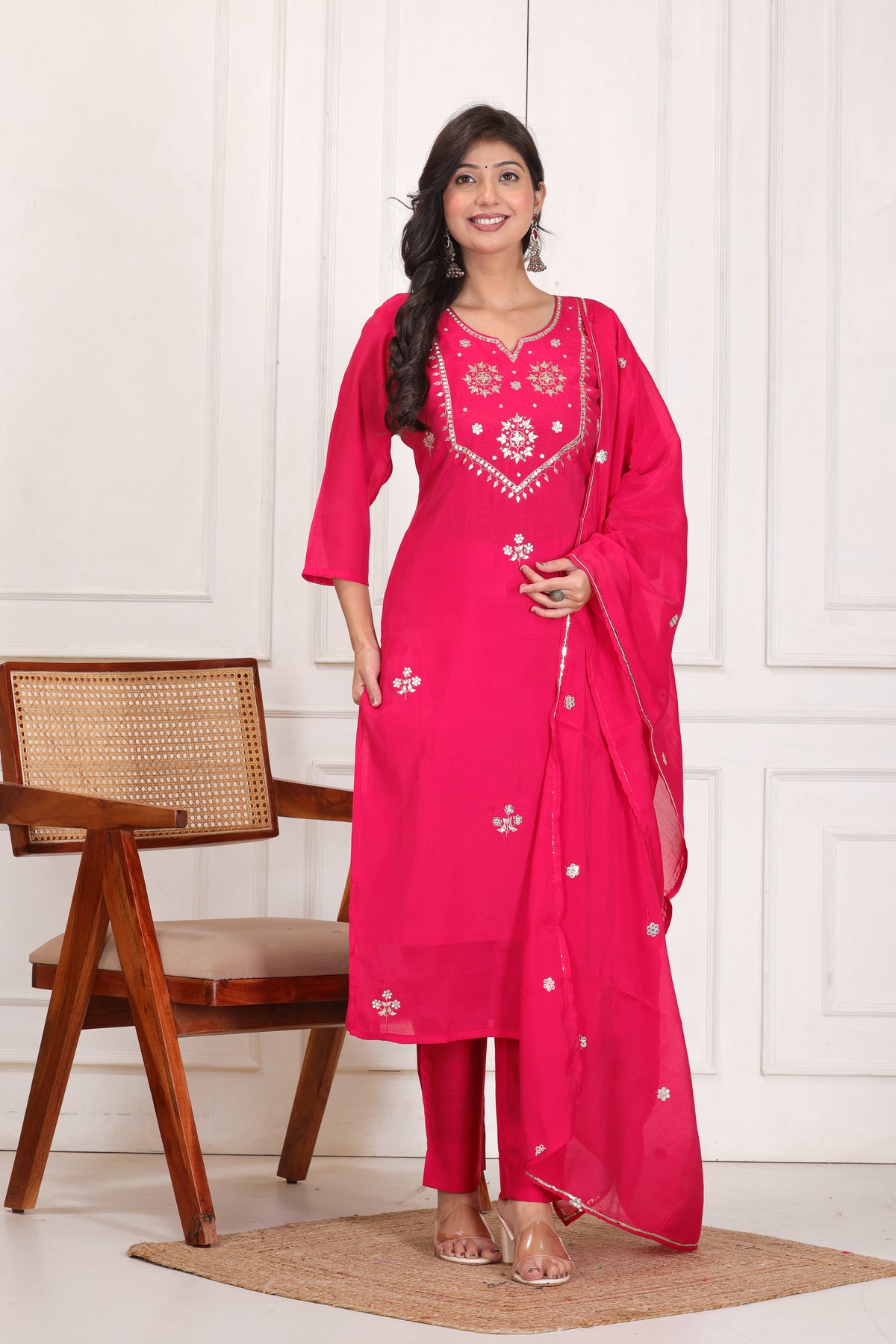 Women’s Embroidered Mul Chanderi Kurta Pant Dupatta Set