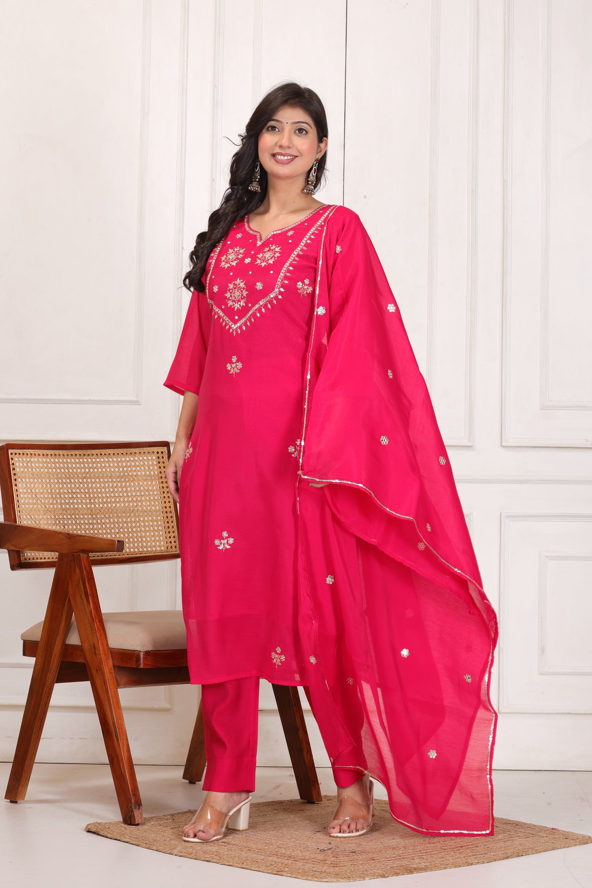 Women’s Embroidered Mul Chanderi Kurta Pant Dupatta Set