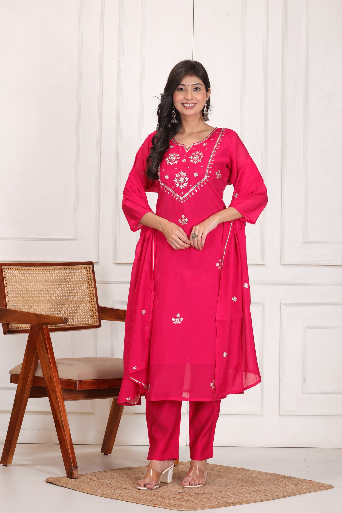 Women’s Embroidered Mul Chanderi Kurta Pant Dupatta Set