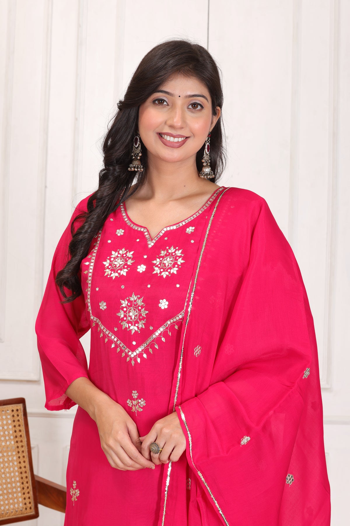 Women’s Embroidered Mul Chanderi Kurta Pant Dupatta Set