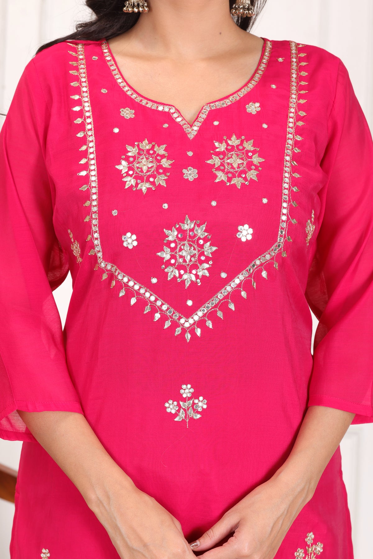 Women’s Embroidered Mul Chanderi Kurta Pant Dupatta Set