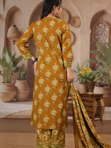Mustard Yellow Floral Print Cotton Kurta Pant Dupatta Set