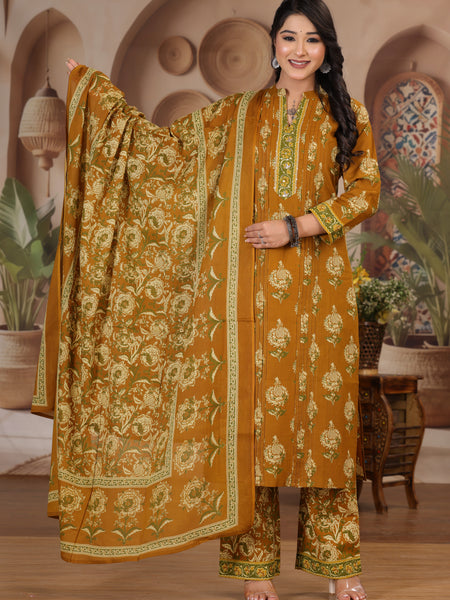 Mustard Yellow Floral Print Cotton Kurta Pant Dupatta Set