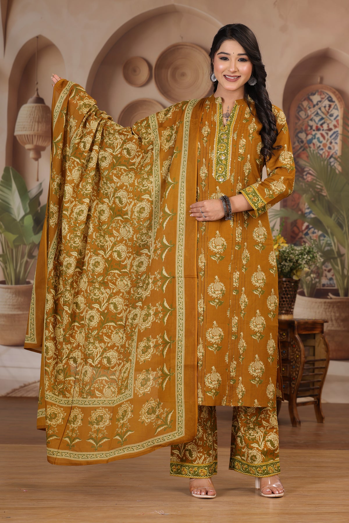 Floral Print Cotton Kurta Pant Dupatta Set