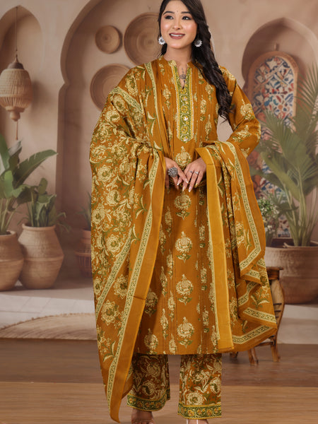 Mustard Yellow Floral Print Cotton Kurta Pant Dupatta Set
