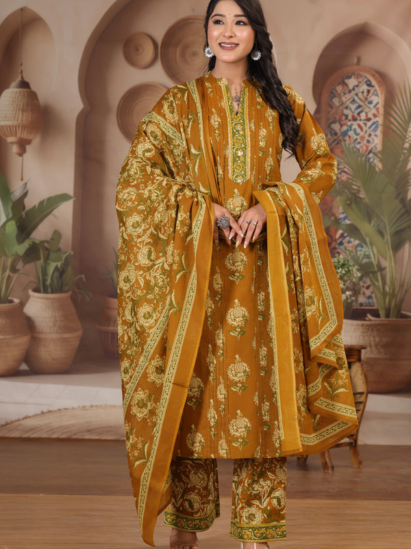 Deep Wine Floral Print Cotton Kurta Set with Pants and Dupatta