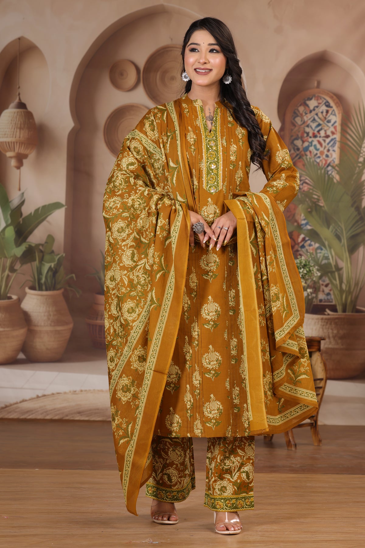 Floral Print Cotton Kurta Pant Dupatta Set