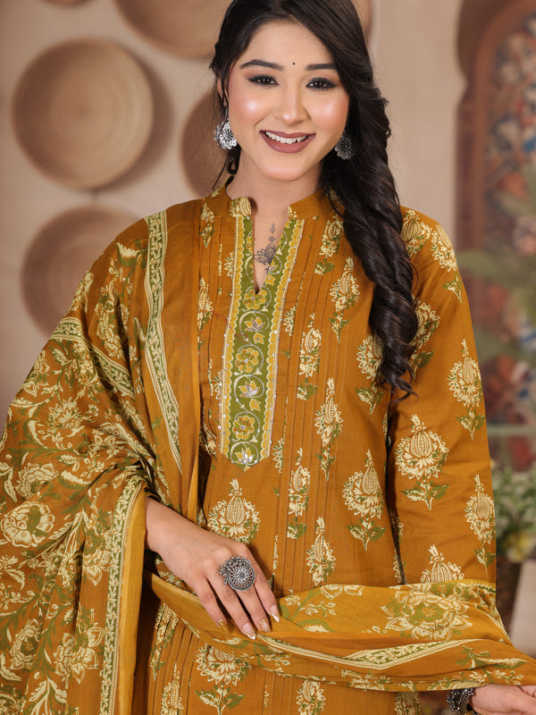 Deep Wine Floral Print Cotton Kurta Set with Pants and Dupatta