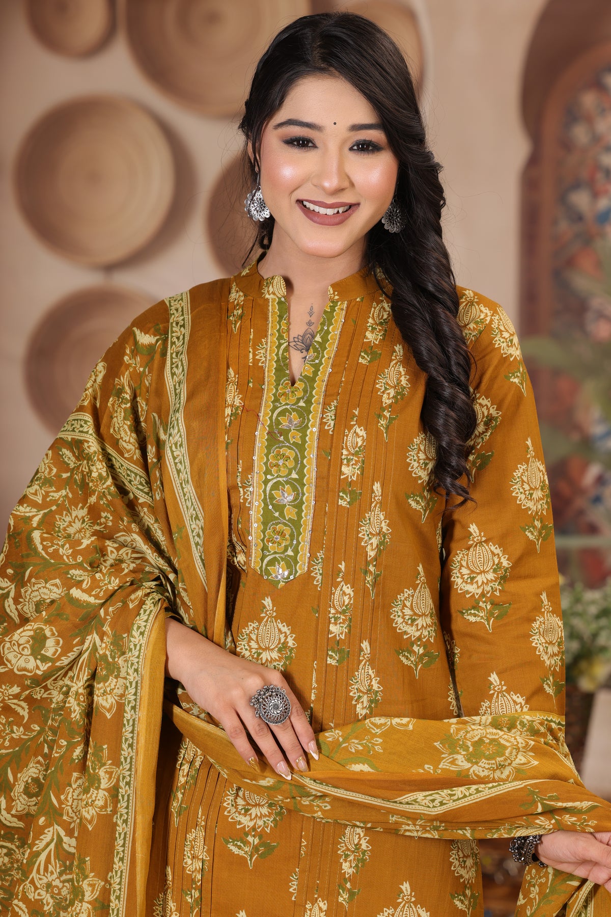 Floral Print Cotton Kurta Pant Dupatta Set