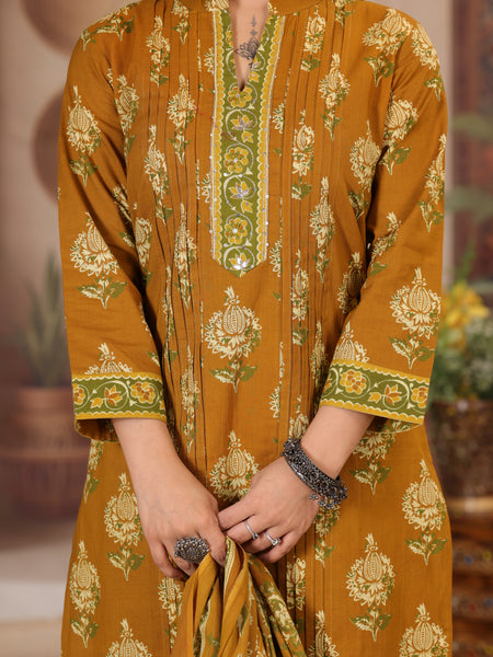 Mustard Yellow Floral Print Cotton Kurta Pant Dupatta Set