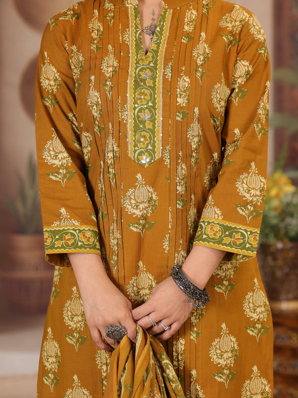 Deep Wine Floral Print Cotton Kurta Set with Pants and Dupatta