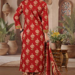 Deep Wine Floral Print Cotton Kurta Set with Pants and Dupatta