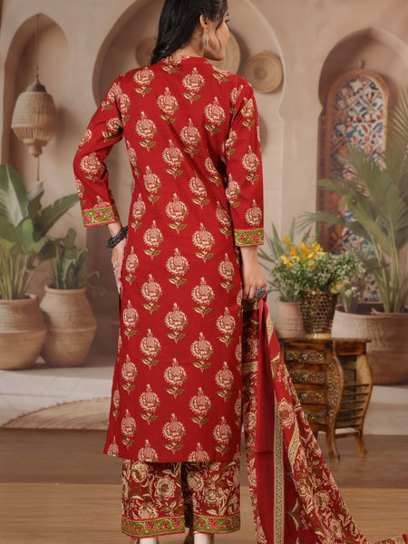 Red Floral Print Cotton Kurta Set with Pants and Dupatta