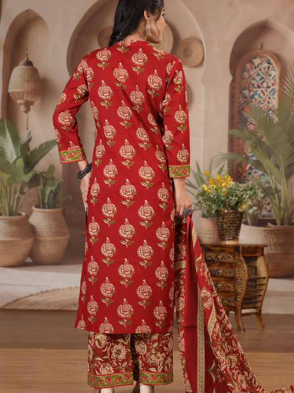 Deep Wine Floral Print Cotton Kurta Set with Pants and Dupatta
