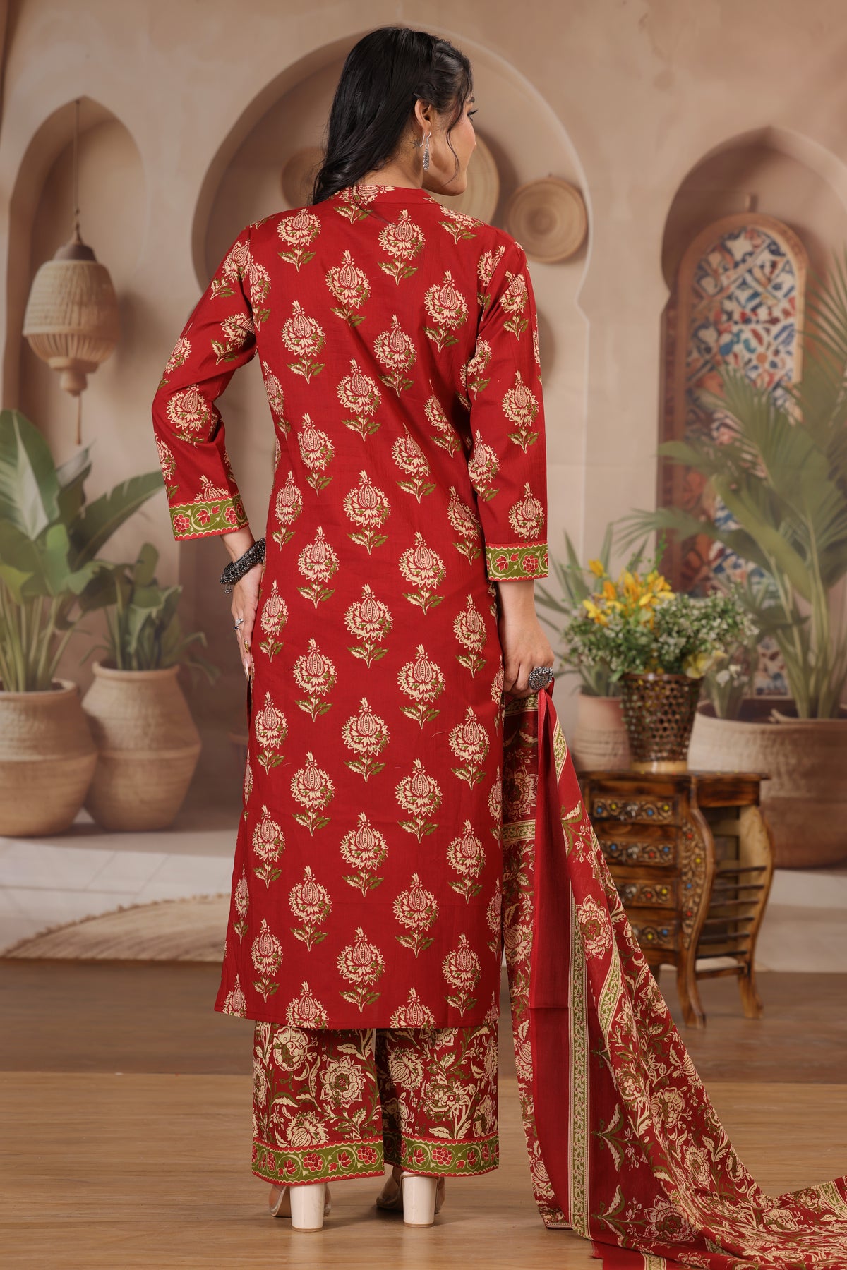 Floral Print Cotton Kurta Set with Pants and Dupatta