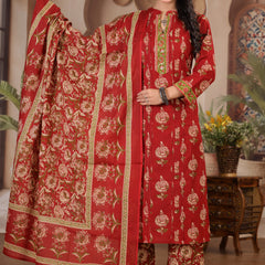 Deep Wine Floral Print Cotton Kurta Set with Pants and Dupatta