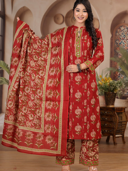 Red Floral Print Cotton Kurta Set with Pants and Dupatta