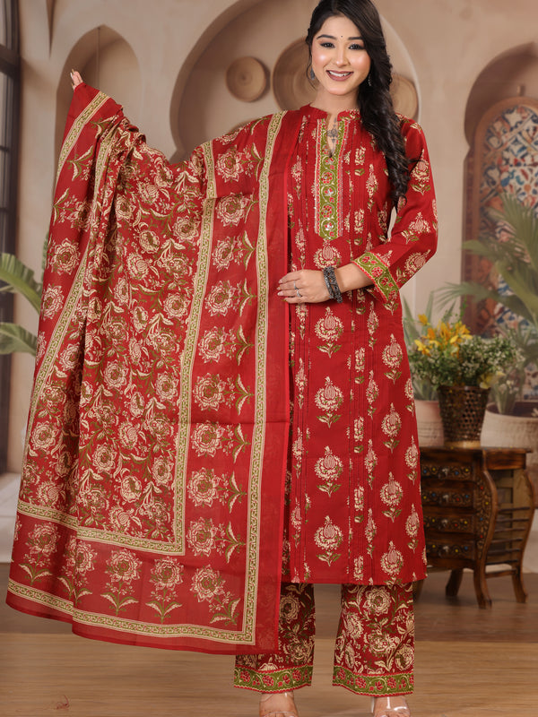 Deep Wine Floral Print Cotton Kurta Set with Pants and Dupatta