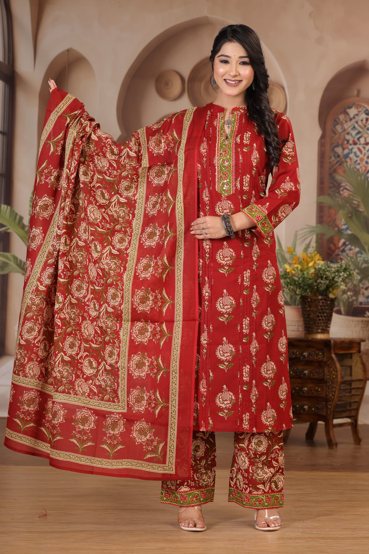 Floral Print Cotton Kurta Set with Pants and Dupatta