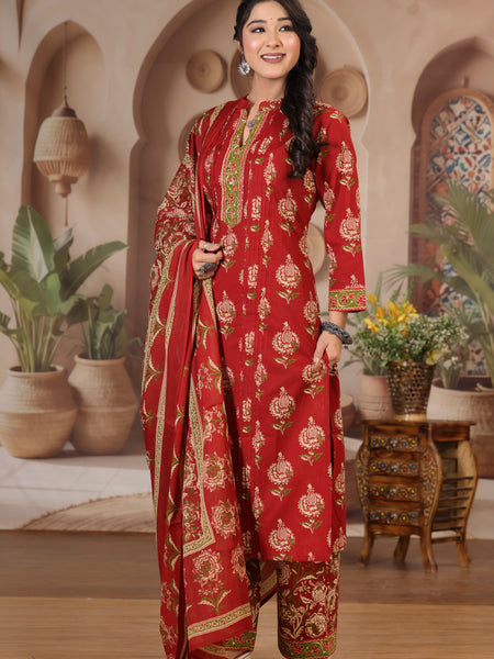 Red Floral Print Cotton Kurta Set with Pants and Dupatta