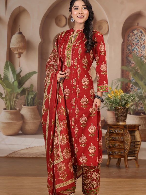 Deep Wine Floral Print Cotton Kurta Set with Pants and Dupatta