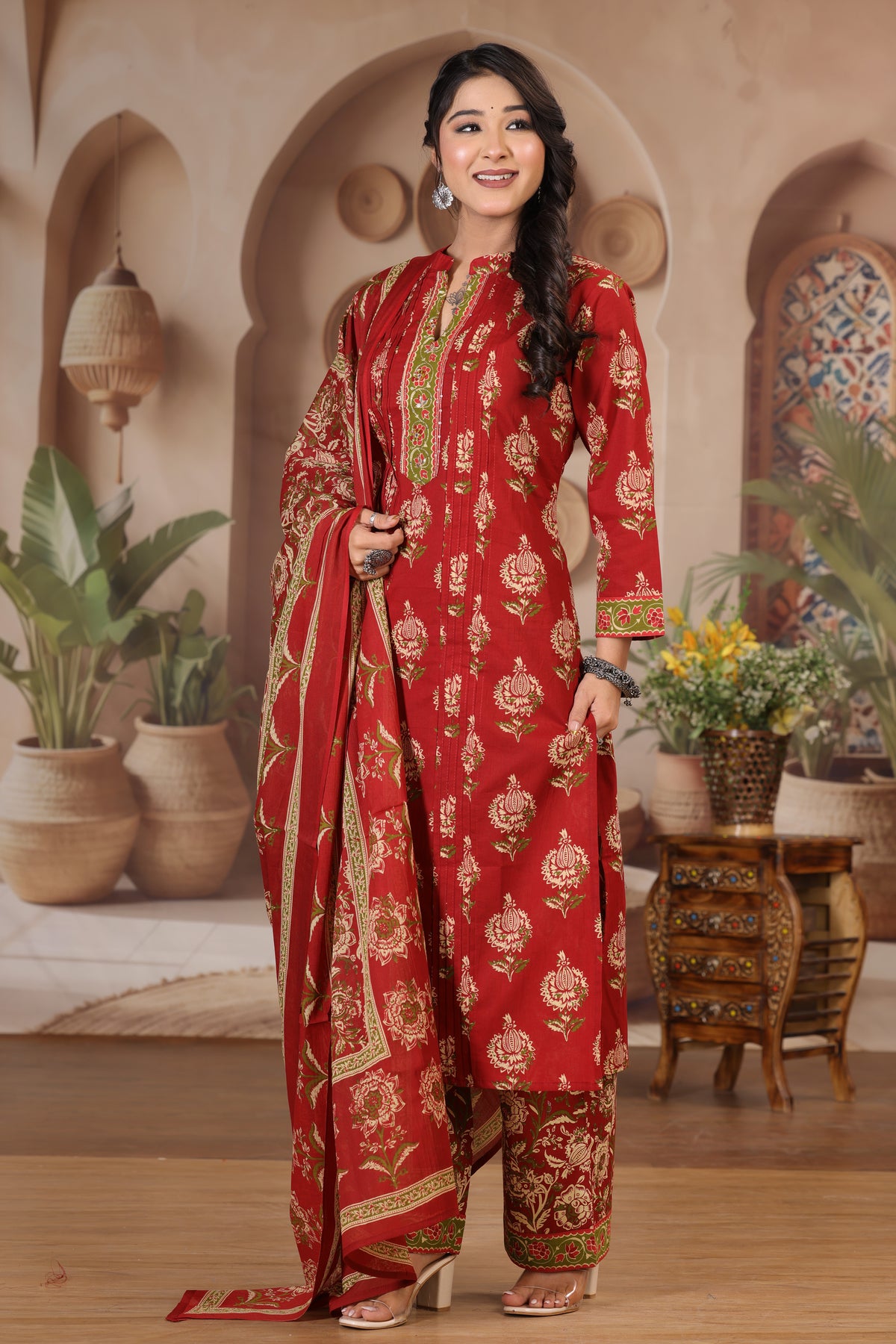 Floral Print Cotton Kurta Pant Dupatta Set