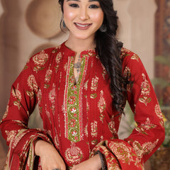 Deep Wine Floral Print Cotton Kurta Set with Pants and Dupatta