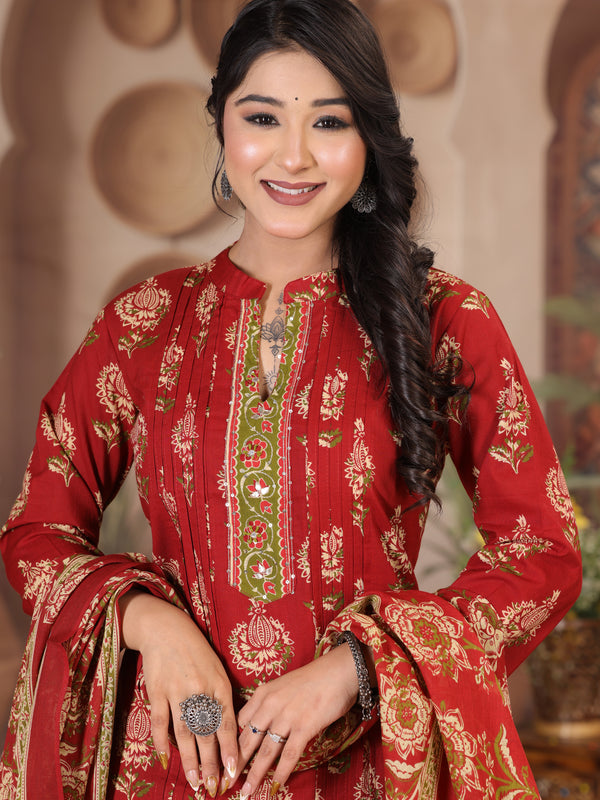 Deep Wine Floral Print Cotton Kurta Set with Pants and Dupatta