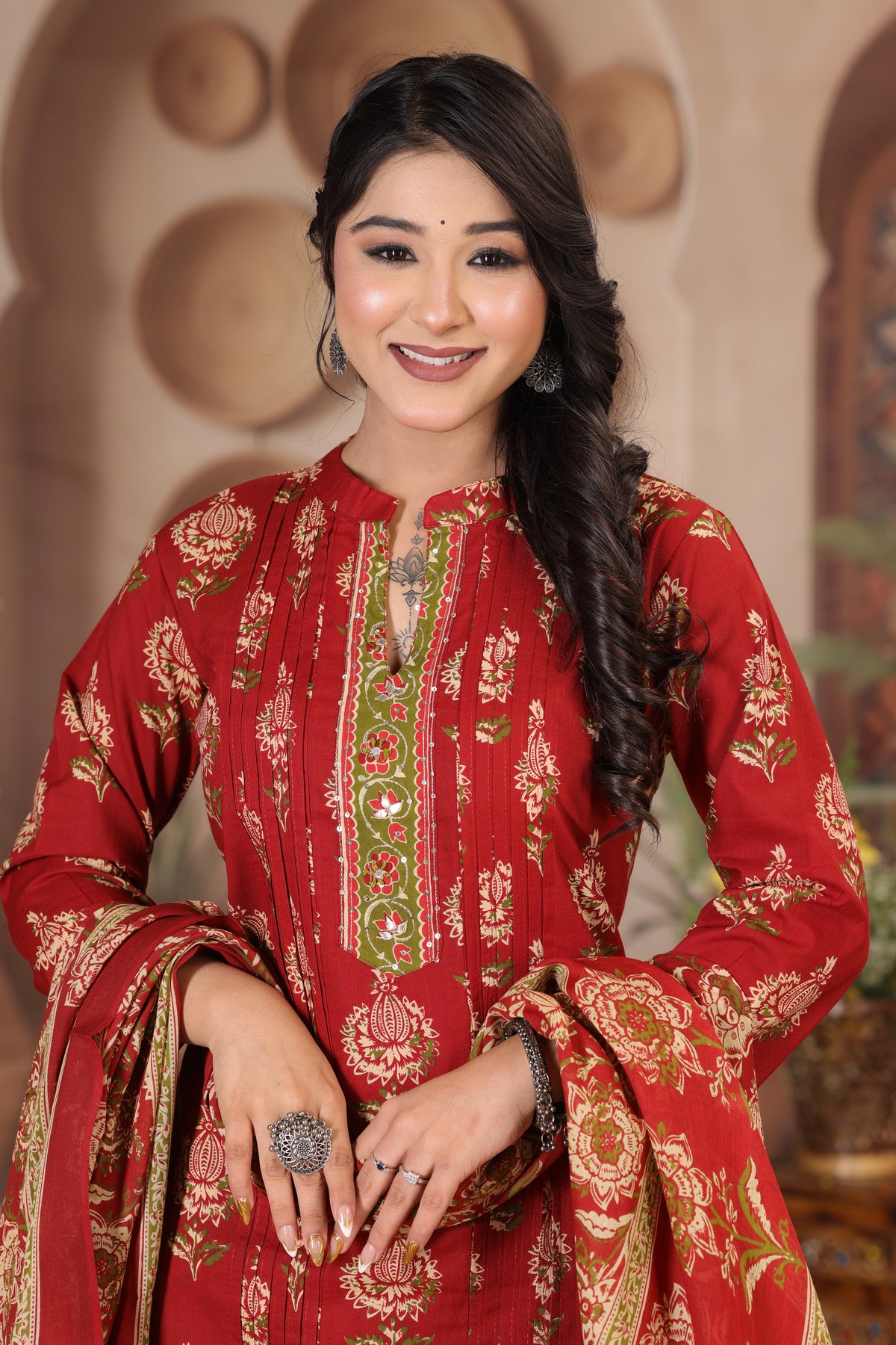 Floral Print Cotton Kurta Pant Dupatta Set