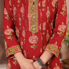 Deep Wine Floral Print Cotton Kurta Set with Pants and Dupatta