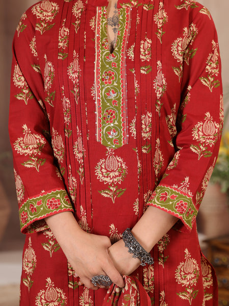 Red Floral Print Cotton Kurta Set with Pants and Dupatta