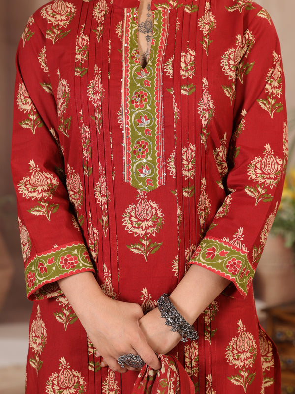 Deep Wine Floral Print Cotton Kurta Set with Pants and Dupatta