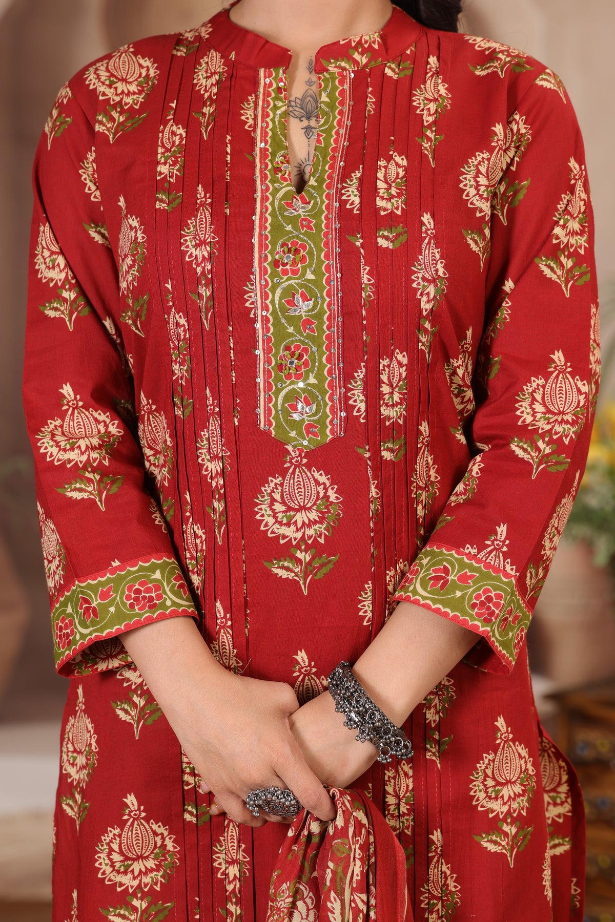 Floral Print Cotton Kurta Pant Dupatta Set