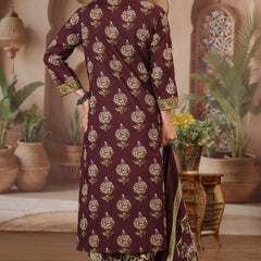 Mustard Yellow Floral Print Cotton Kurta Pant Dupatta Set