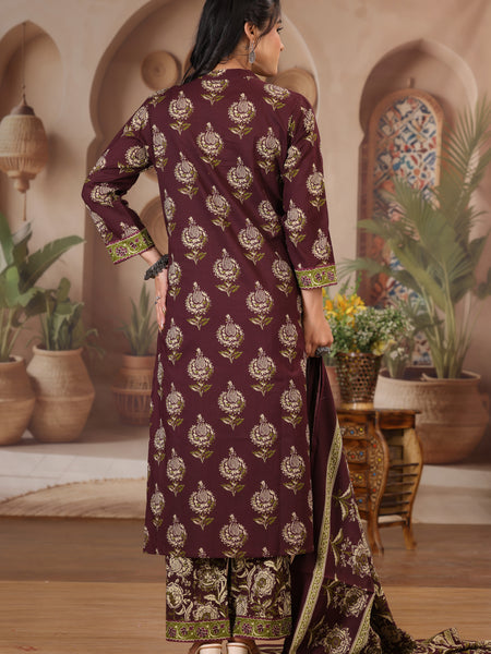 Deep Wine Floral Print Cotton Kurta Set with Pants and Dupatta