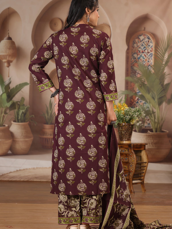 Deep Wine Floral Print Cotton Kurta Set with Pants and Dupatta