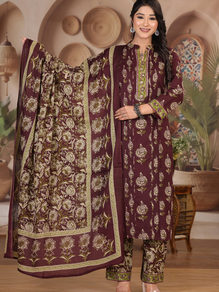 Deep Wine Floral Print Cotton Kurta Set with Pants and Dupatta