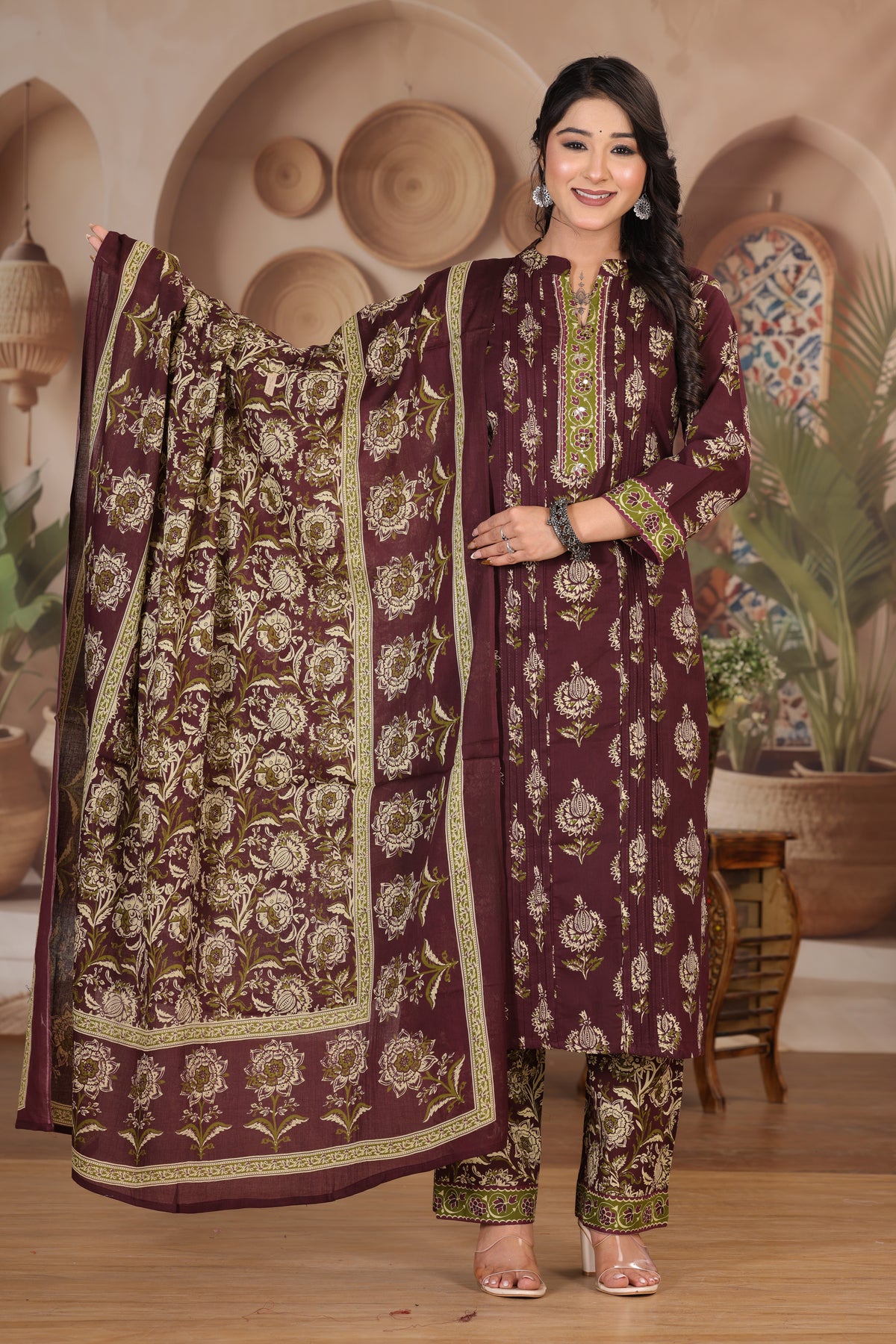 Floral Print Cotton Kurta Set with Pants and Dupatta