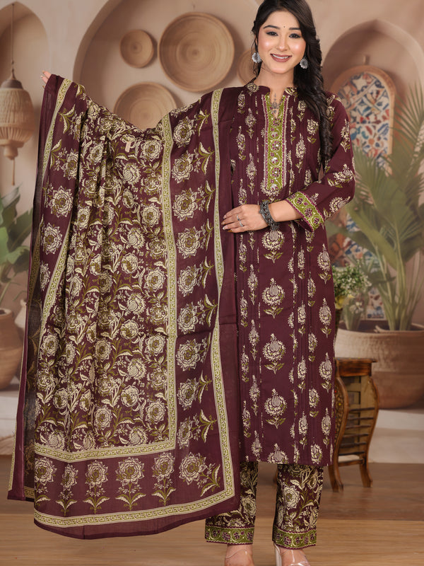 Mustard Yellow Floral Print Cotton Kurta Pant Dupatta Set