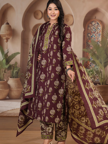 Deep Wine Floral Print Cotton Kurta Set with Pants and Dupatta