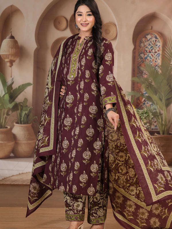 Deep Wine Floral Print Cotton Kurta Set with Pants and Dupatta