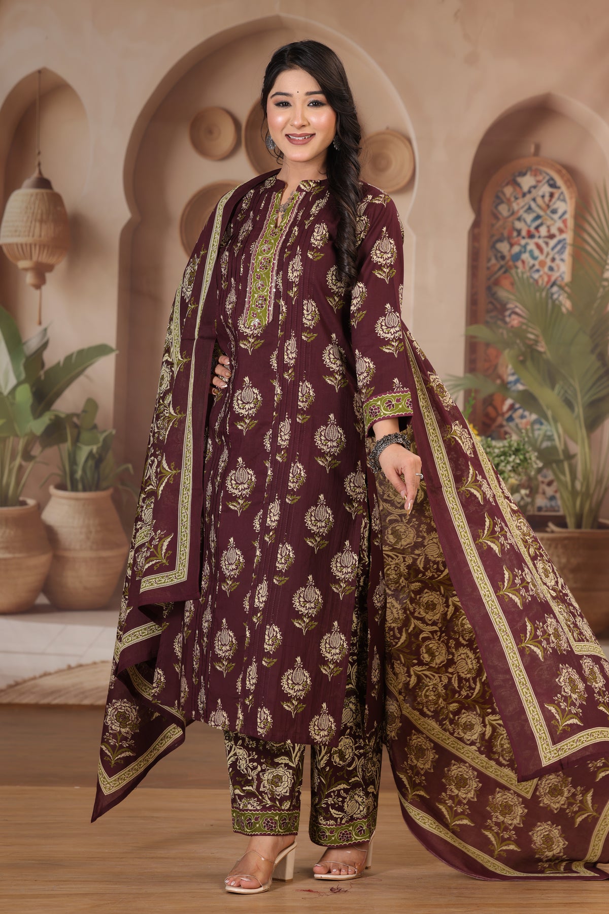 Floral Print Cotton Kurta Pant Dupatta Set