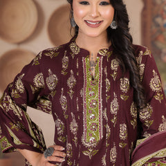 Deep Wine Floral Print Cotton Kurta Set with Pants and Dupatta