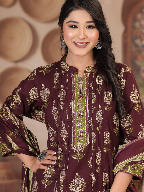 Deep Wine Floral Print Cotton Kurta Set with Pants and Dupatta