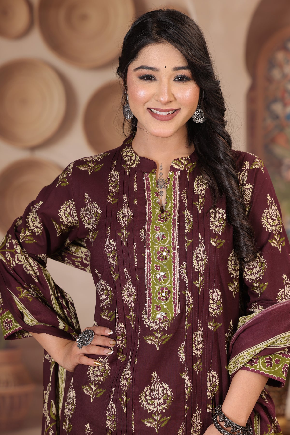 Floral Print Cotton Kurta Set with Pants and Dupatta
