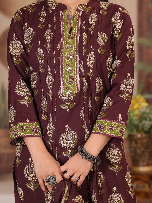 Mustard Yellow Floral Print Cotton Kurta Pant Dupatta Set