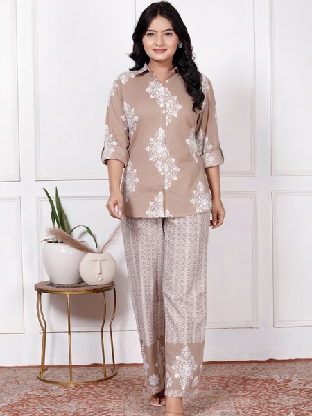 Beige Floral & Geometric Printed Cotton Co-Ord Set