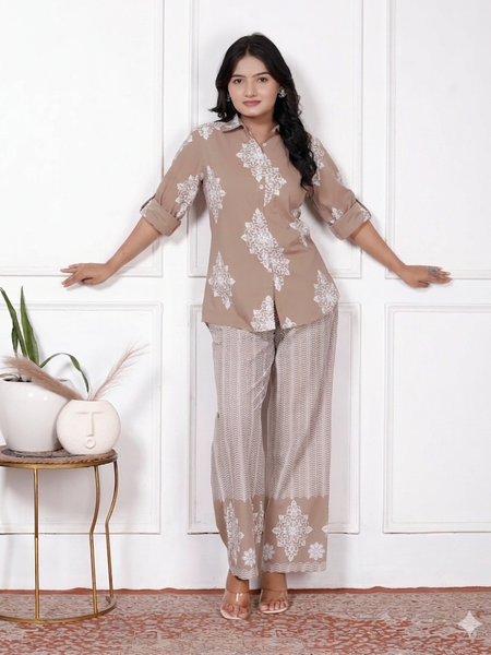 Beige Floral & Geometric Printed Cotton Co-Ord Set