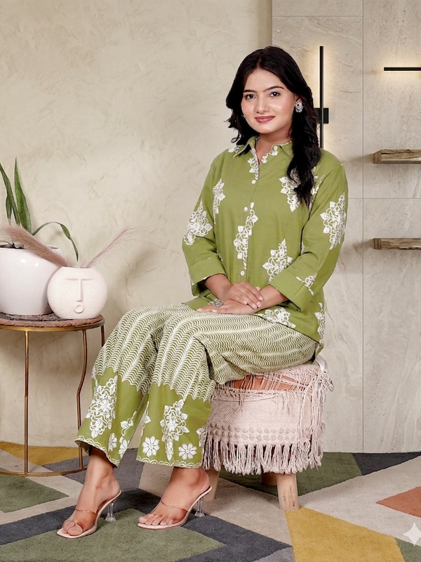 Olive Green Floral & Geometric Printed Cotton Co-Ord Set